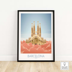 Framed Barcelona Wall Art Print featuring the Sagrada Familia in vintage style, perfect for home or office decor.