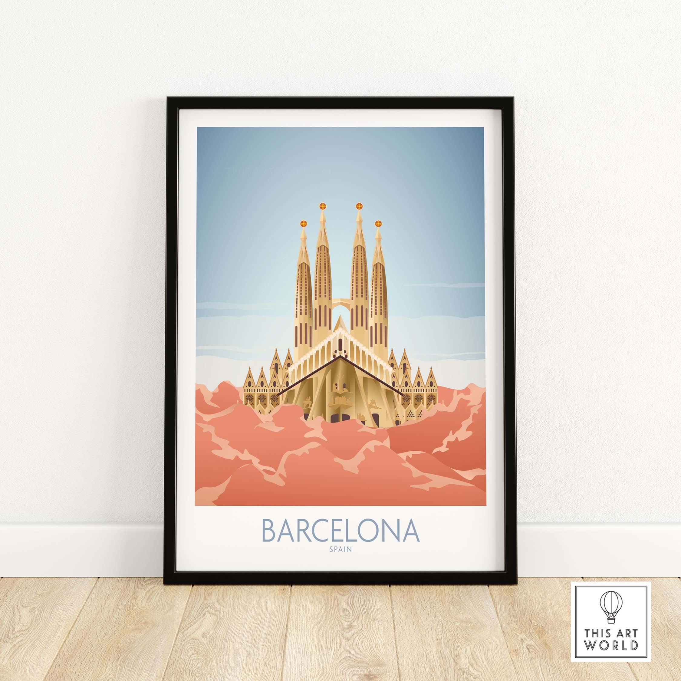 Framed Barcelona Wall Art Print featuring the Sagrada Familia in vintage style, perfect for home or office decor.