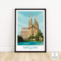 Barcelona poster featuring Sagrada Familia, vintage travel art print, framed home decor.