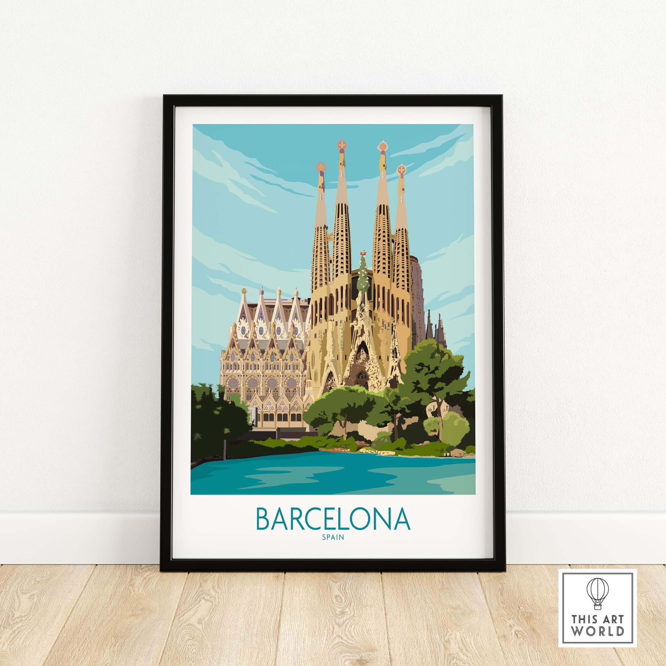 Barcelona poster featuring Sagrada Familia, vintage travel art print, framed home decor.
