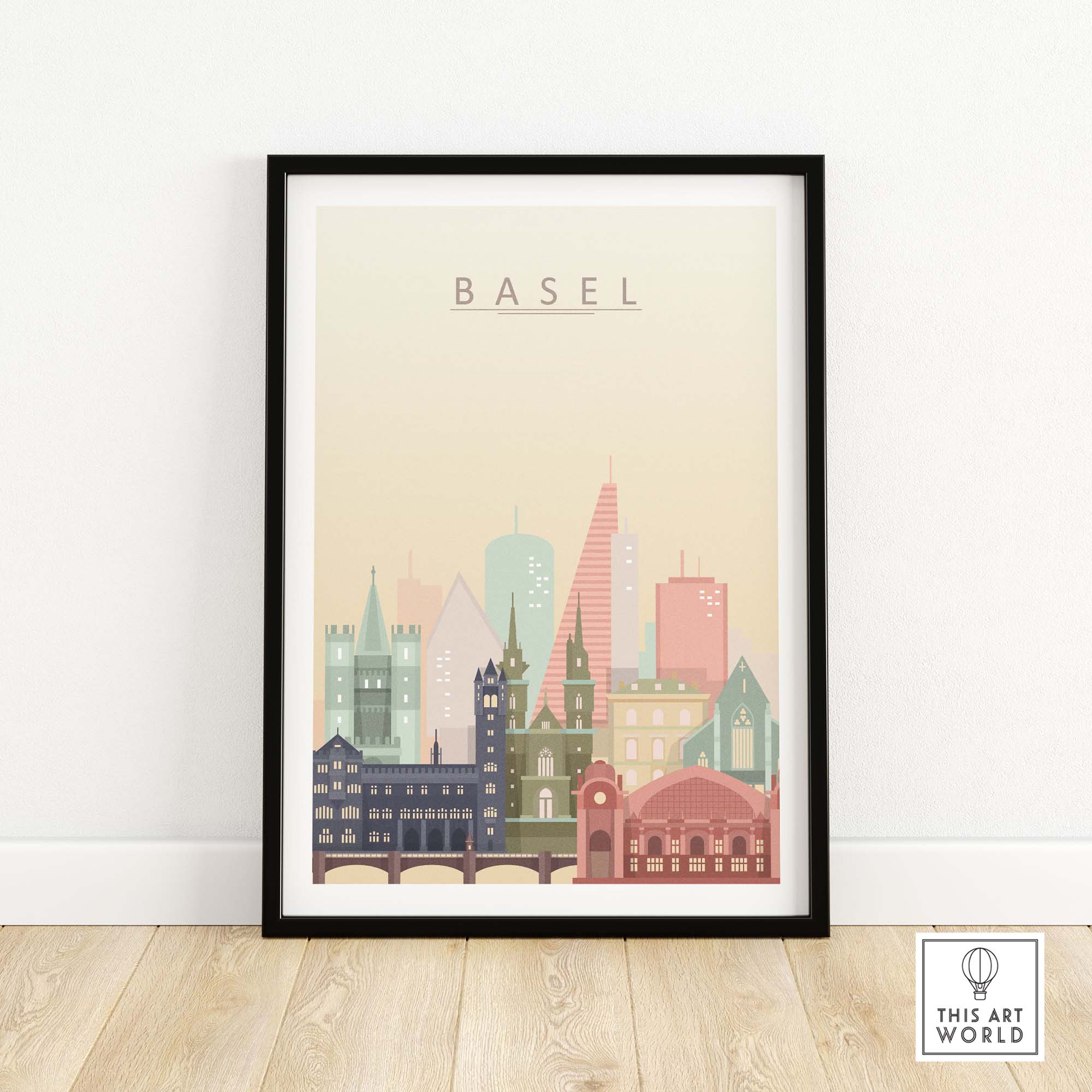 Basel city skyline wall art print in pastel colors, framed with iconic buildings and architectural features.