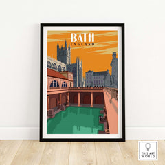 Vintage-inspired Bath England print wall art featuring historic architecture and serene waters.
