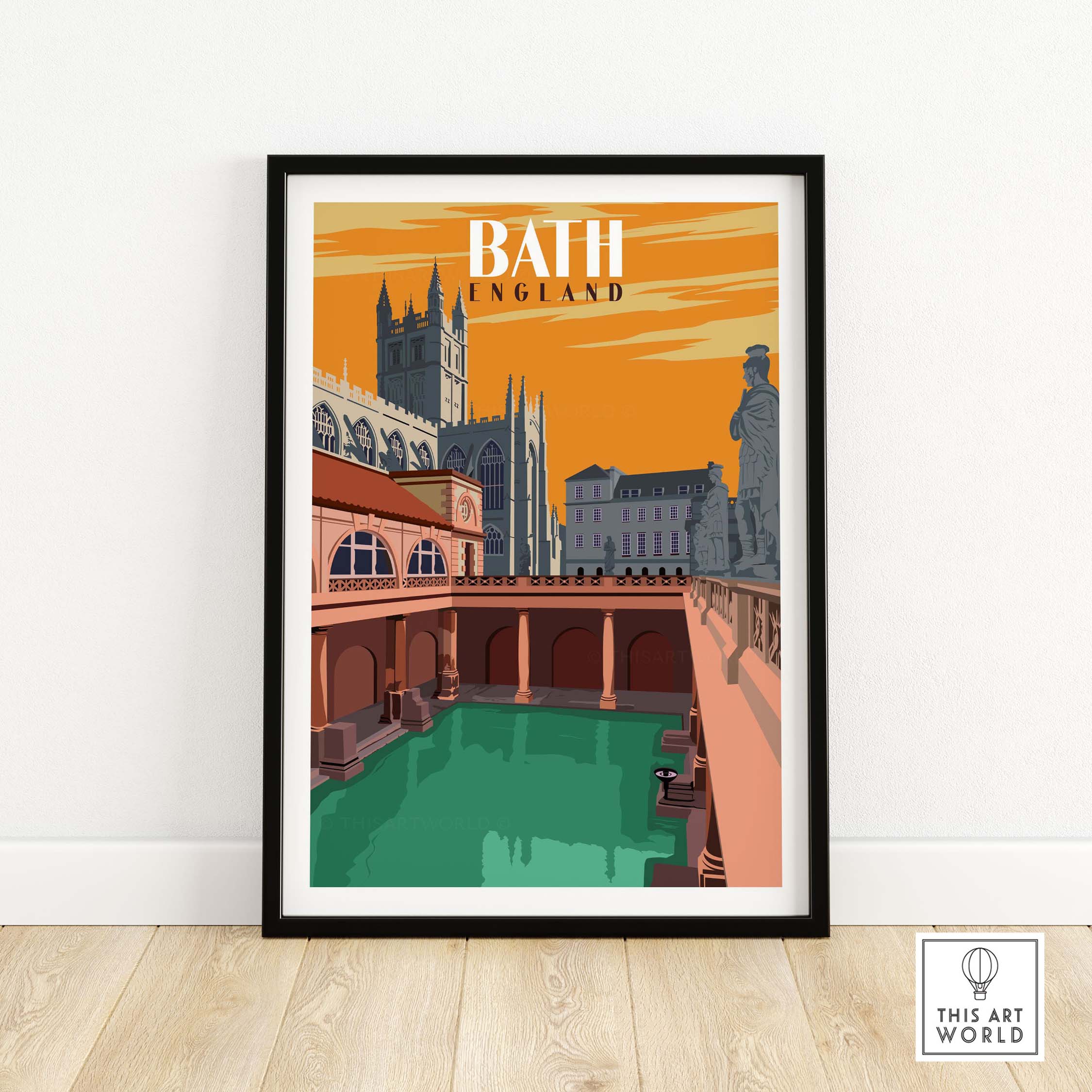 Vintage-inspired Bath England print wall art featuring historic architecture and serene waters.
