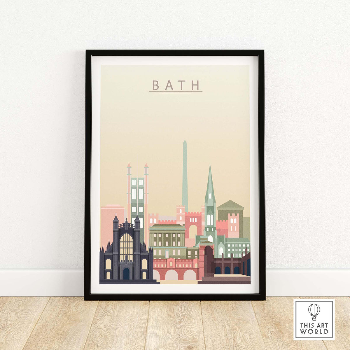 Bath England skyline poster in pastel tones, showcasing iconic architecture and city beauty.
