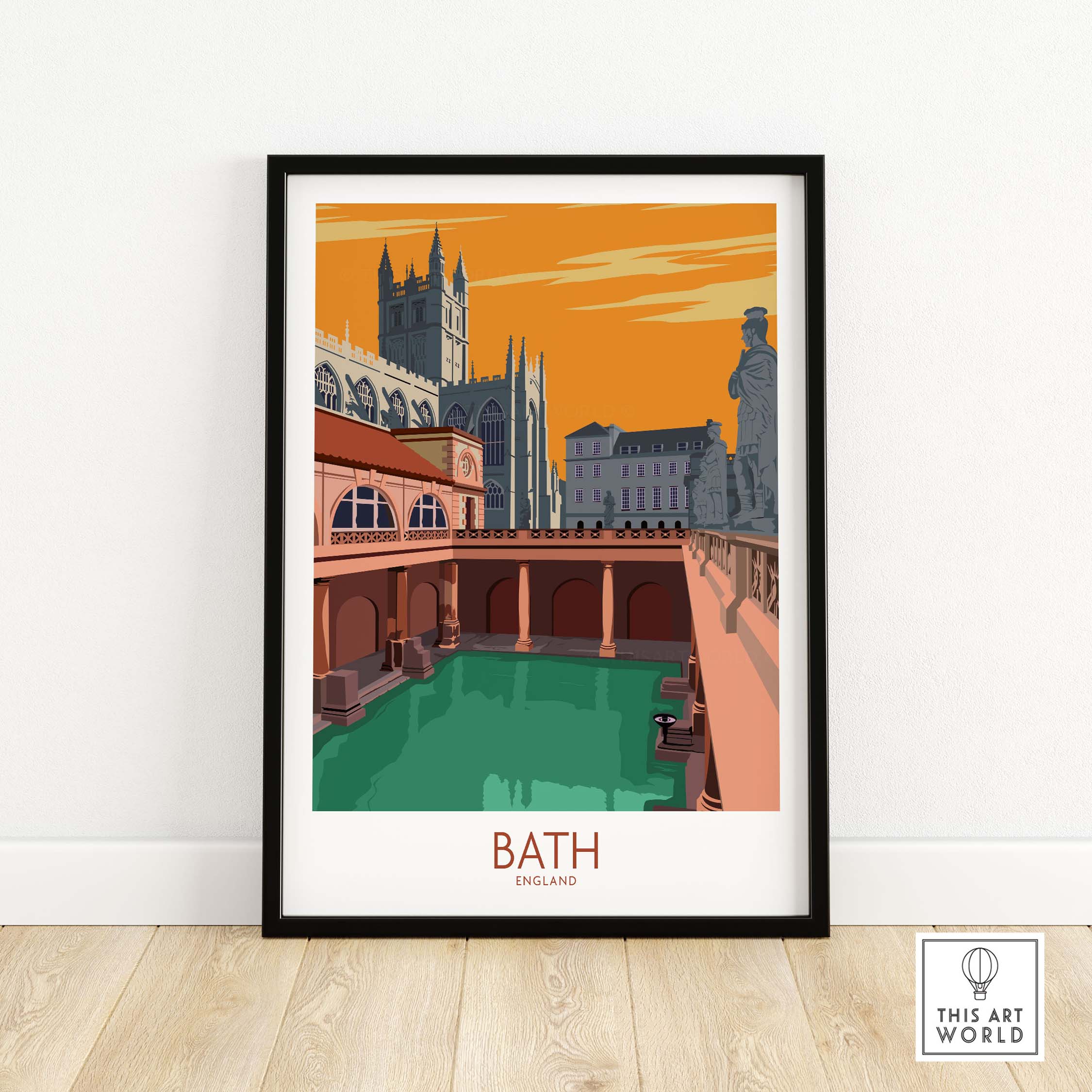Framed Bath poster featuring vintage architecture in England, showcasing vibrant colors and travel nostalgia.