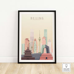 Beijing city skyline wall art print featuring iconic landmarks in pastel tones, framed for elegant home decor.