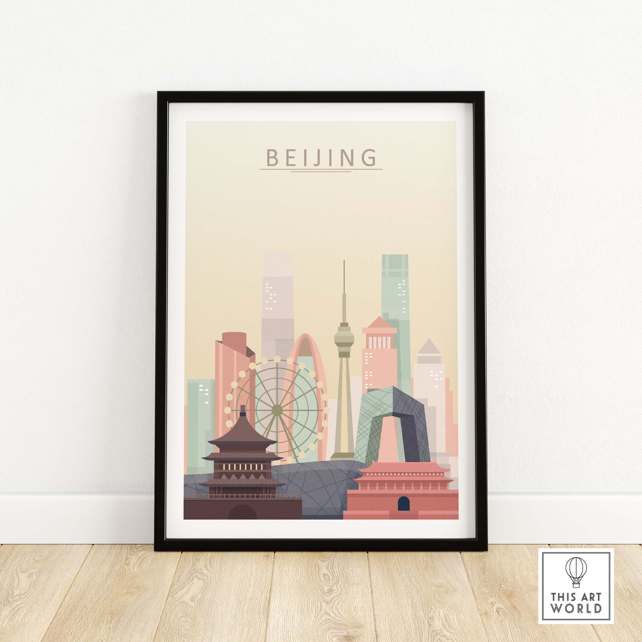 Beijing city skyline wall art print featuring iconic landmarks in pastel tones, framed for elegant home decor.