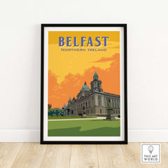 Belfast Print Northern Ireland vintage travel poster framed, showcasing iconic architecture and vibrant colors for stylish wall decor.