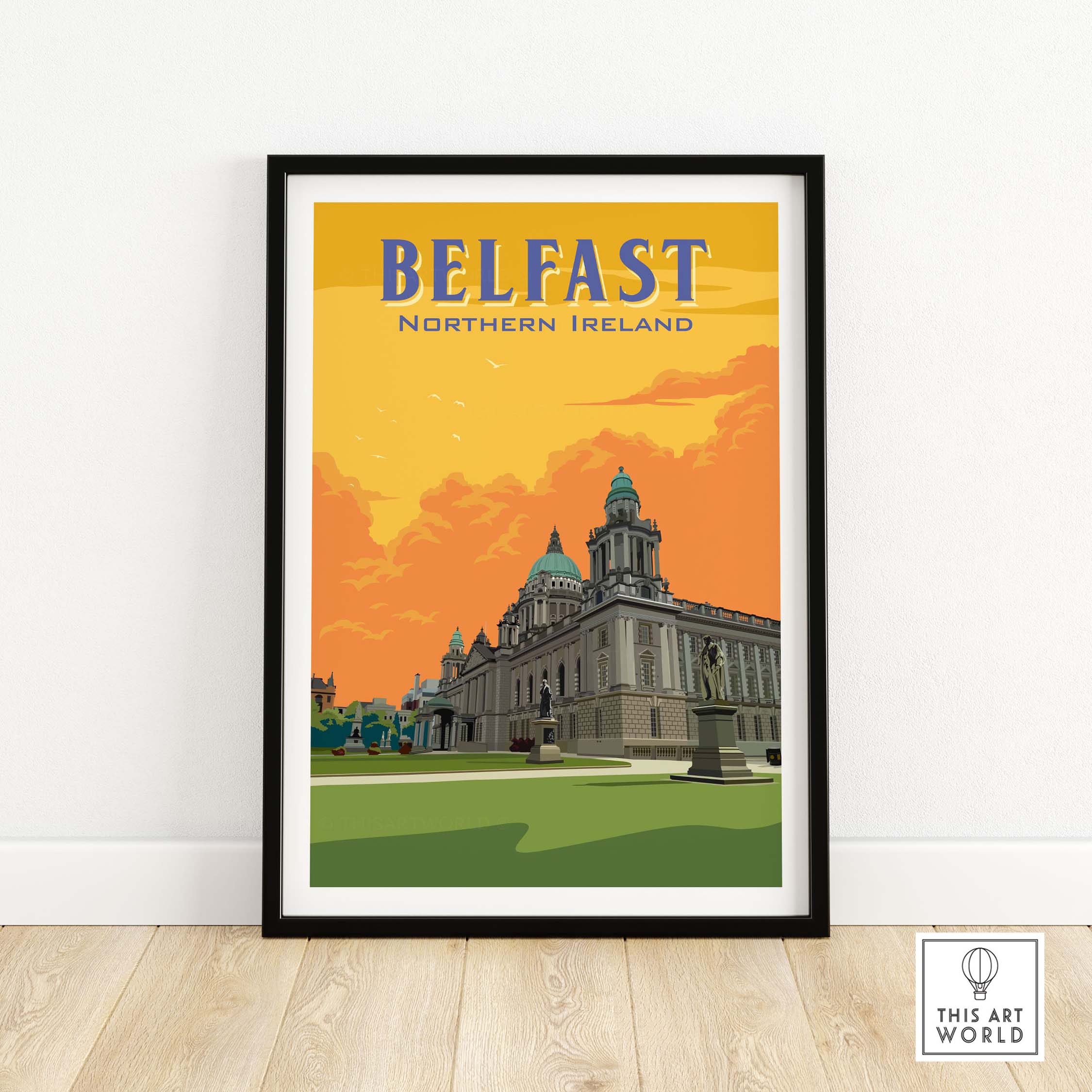 Belfast Print Northern Ireland vintage travel poster framed, showcasing iconic architecture and vibrant colors for stylish wall decor.