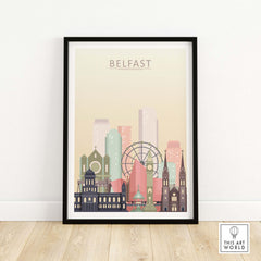 Belfast skyline print in pastel colors, showcasing iconic landmarks and architectural beauty, framed art for home decor.