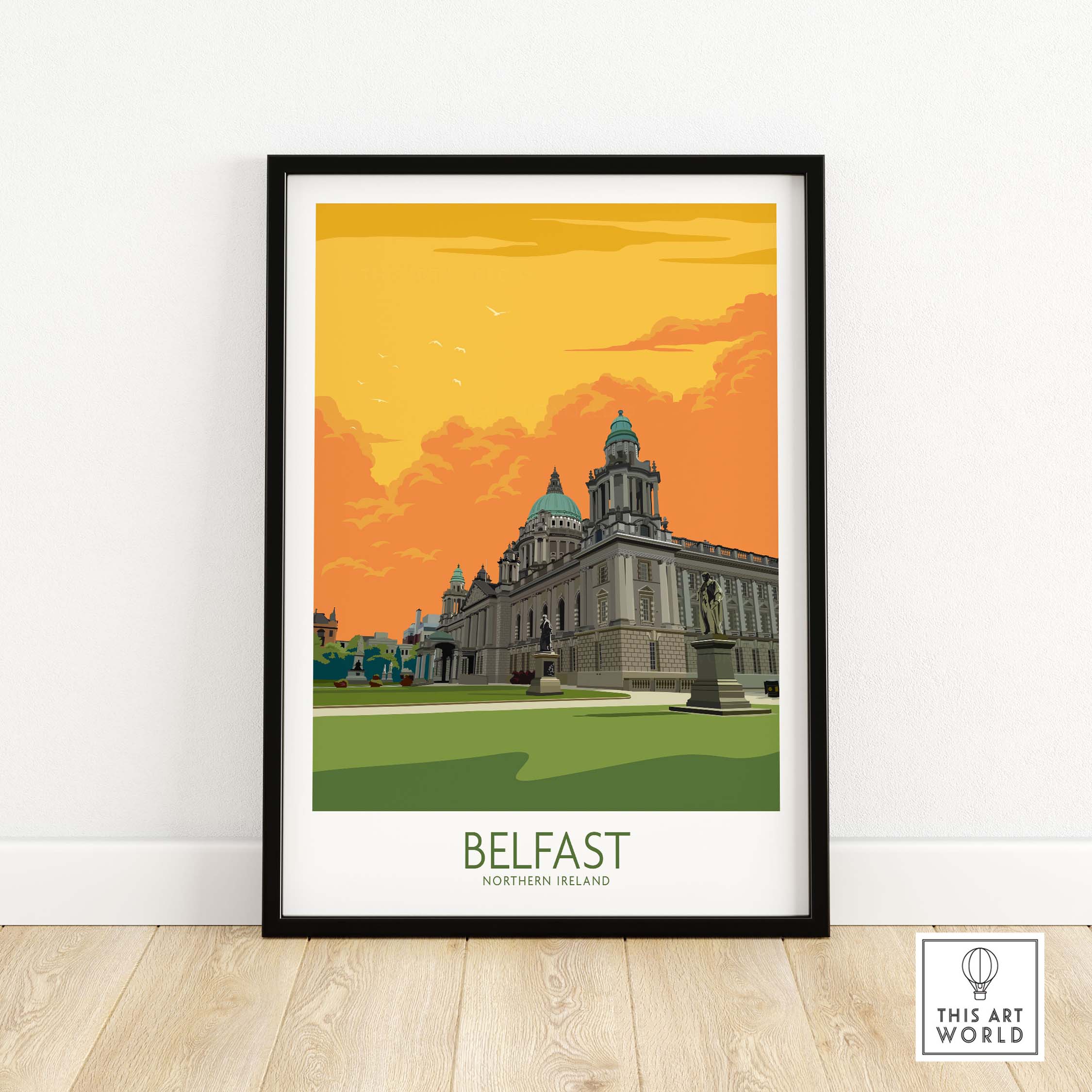 Belfast Poster featuring a vintage-inspired illustration of Northern Ireland's architecture in vibrant colors.
