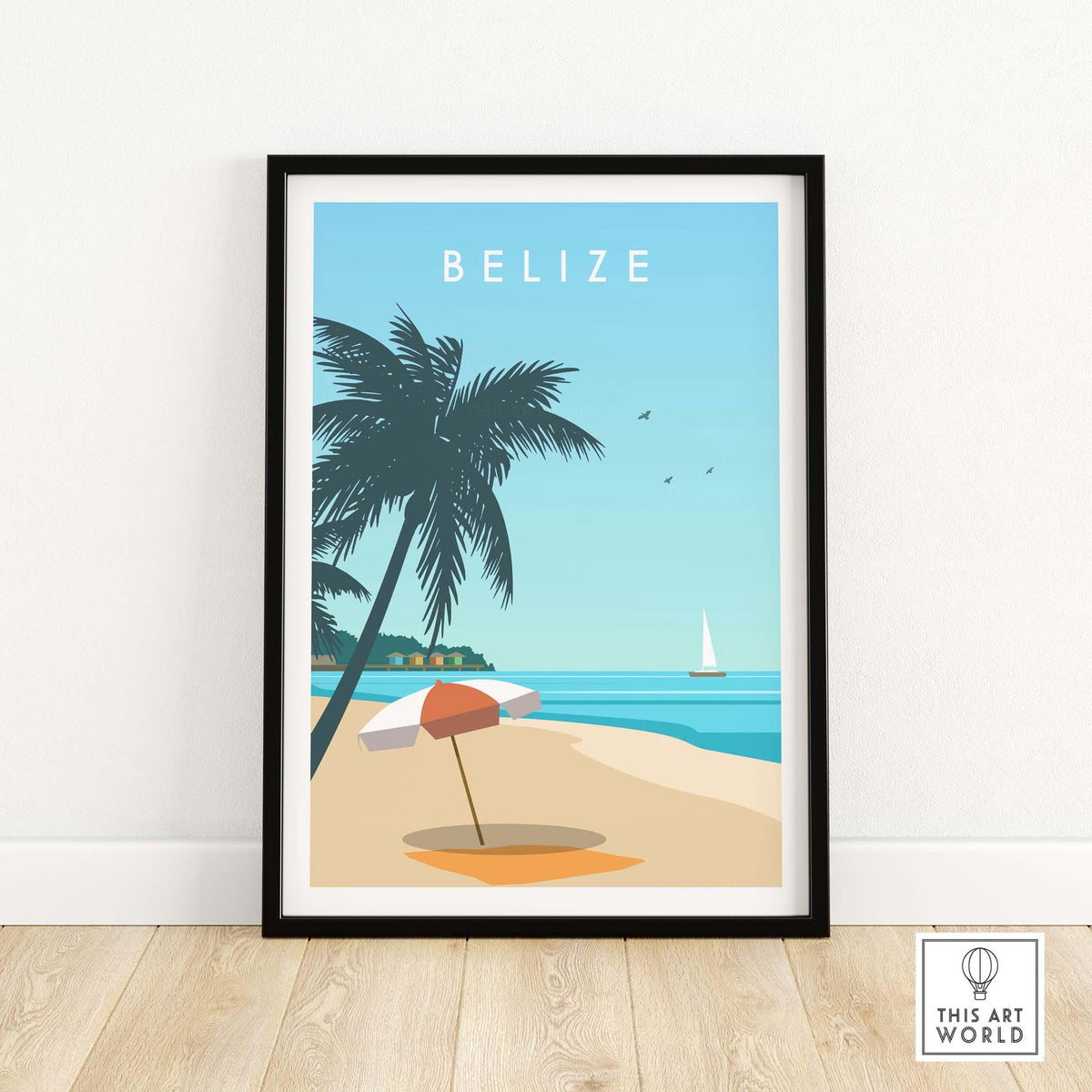 Belize Print travel poster featuring a beach scene with palm trees and sailboat, framed wall art for wanderlust decor.