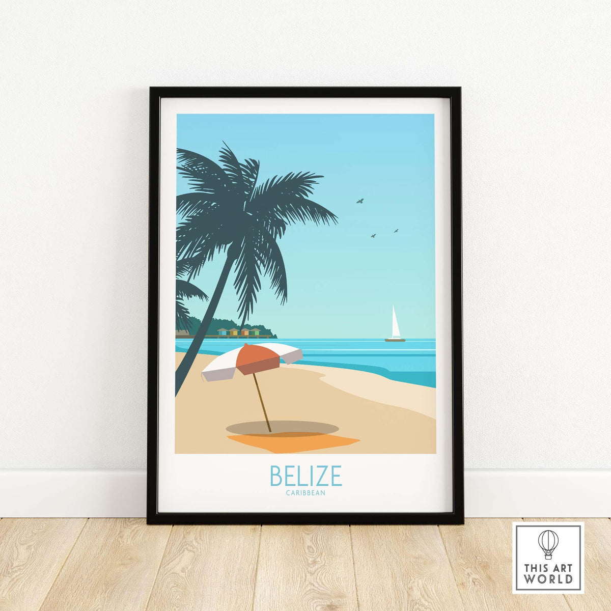 Belize travel poster featuring beach, palm trees, and sailboat, perfect for wall art in home or office.