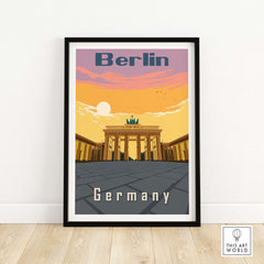 Framed Berlin poster showcasing the Brandenburg Gate, inspired by vintage German travel art.