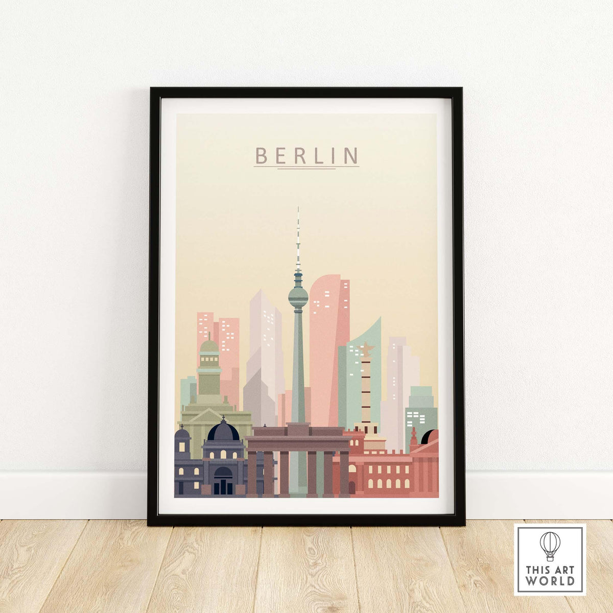 Berlin City Skyline print showcasing iconic landmarks in warm pastel tones, perfect for home or office decor.