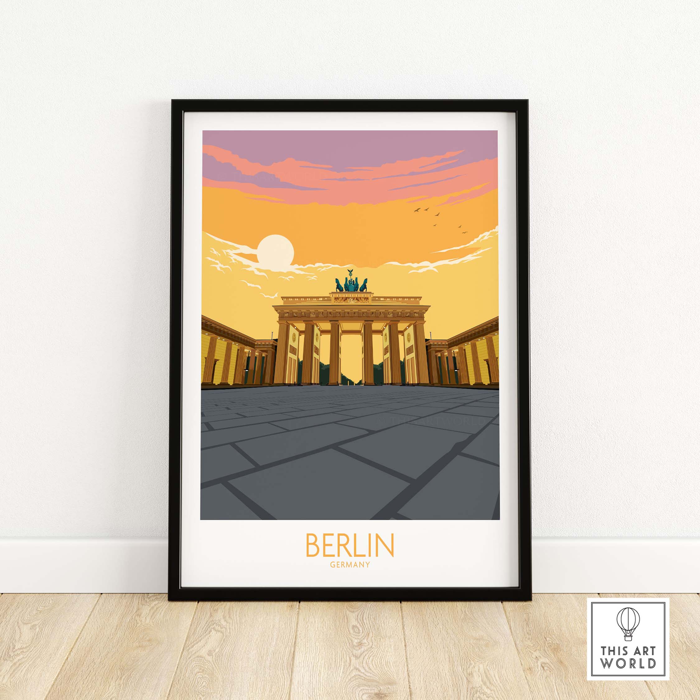 Berlin Print Germany Travel Poster featuring the Brandenburg Gate at sunset, inspired by vintage travel art.