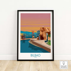 Bilbao poster print featuring the modern architecture of Spain, framed wall art in minimalist style.