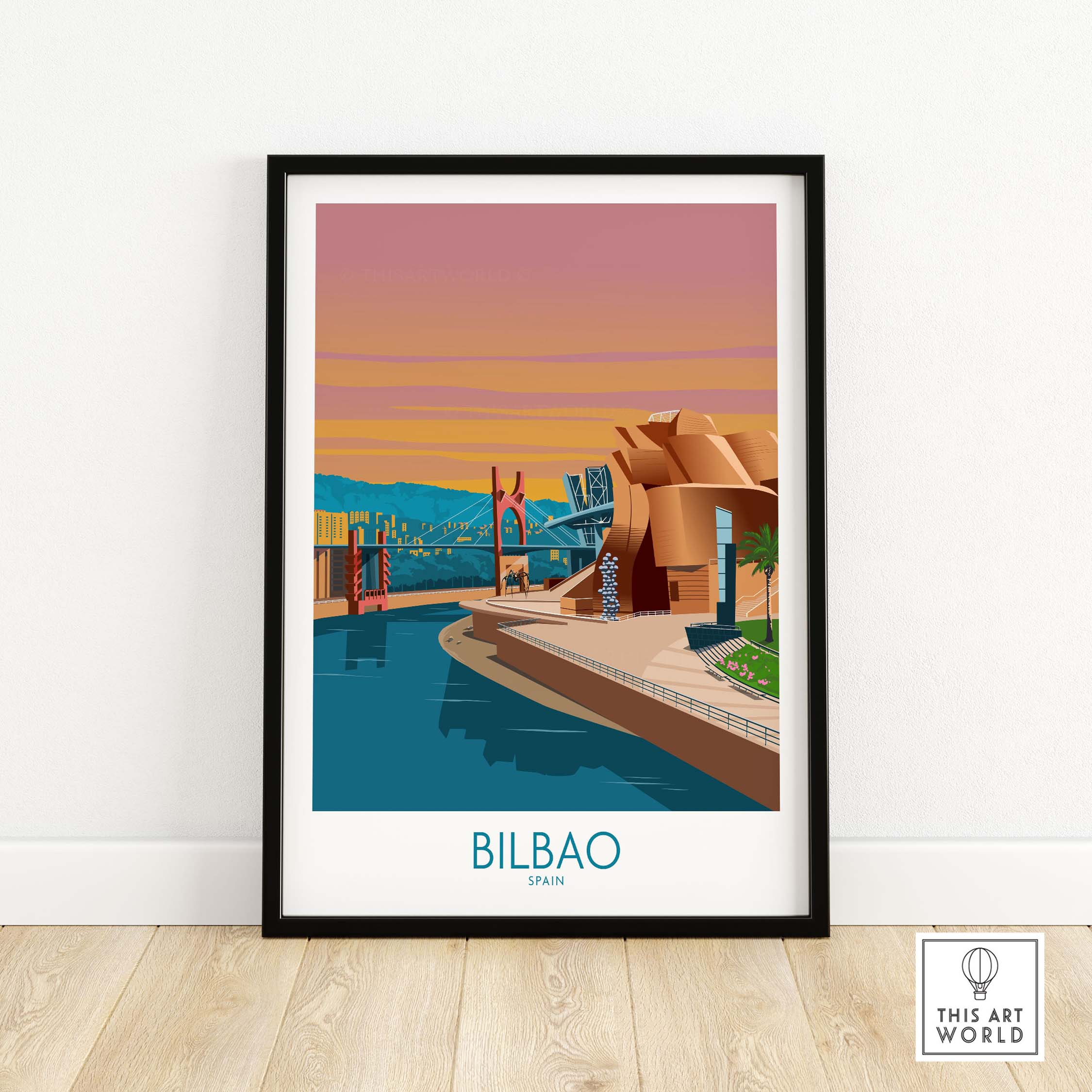 Bilbao poster print featuring the modern architecture of Spain, framed wall art in minimalist style.