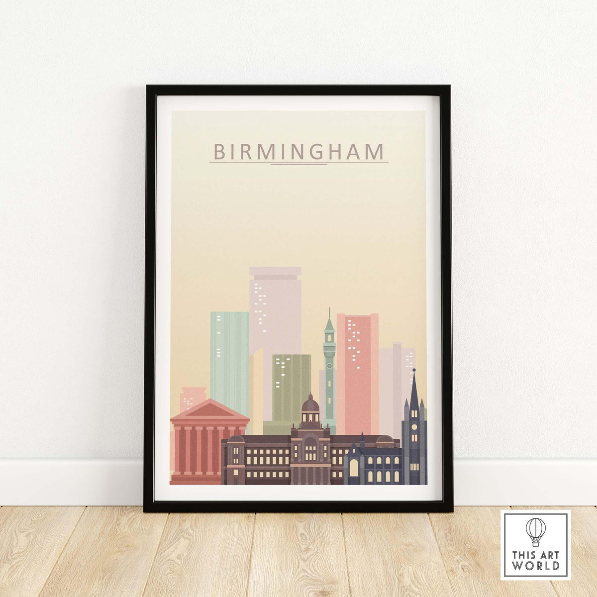 Birmingham Skyline Print featuring iconic architecture in warm pastel tones, perfect for wall art decor.