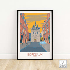 Bordeaux travel poster featuring vintage architecture and a vibrant sunset, perfect for home or office decor.