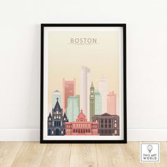 Boston Skyline poster featuring iconic buildings in warm pastel colors, perfect for stylish home or office decor.