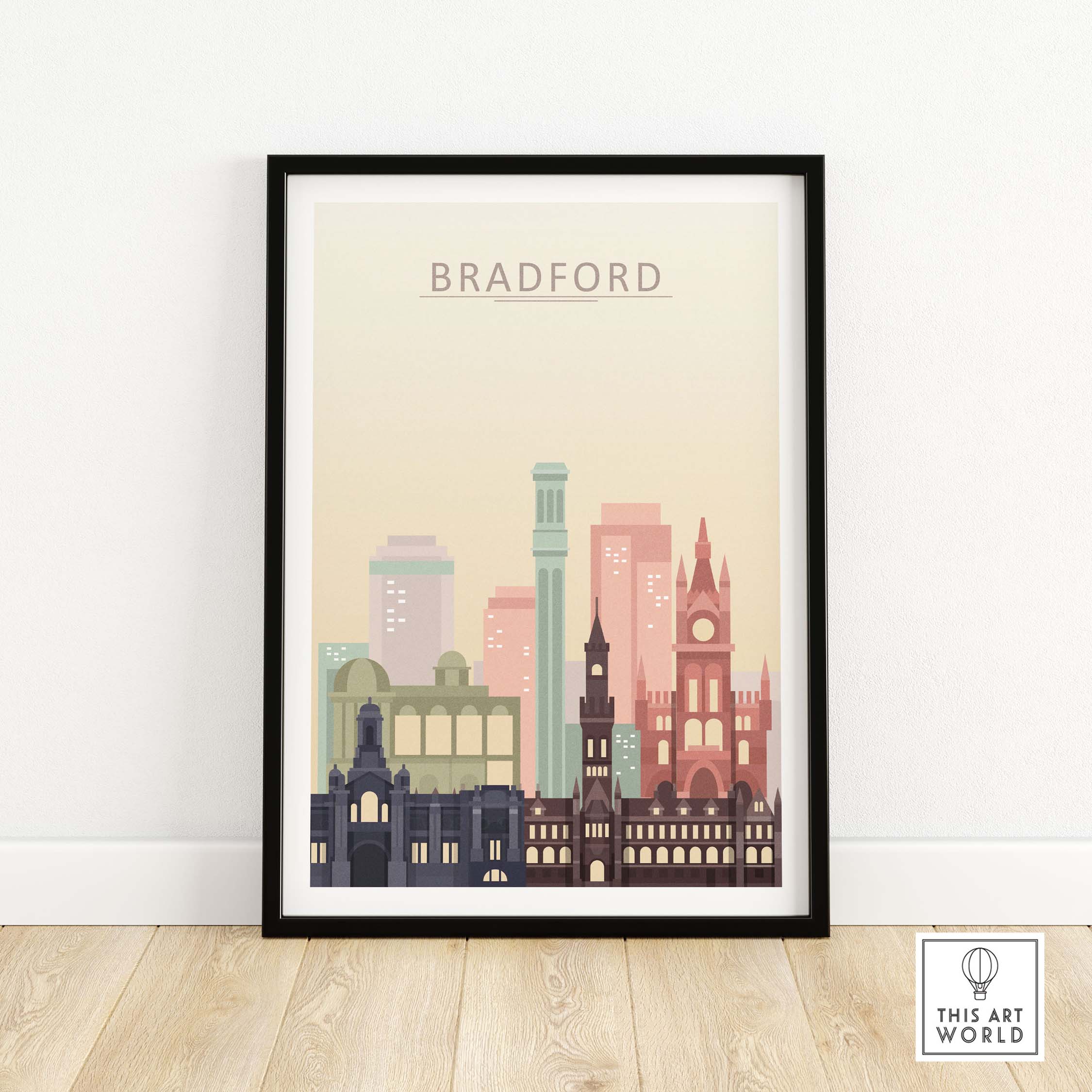 Bradford Print City Skyline Poster framed artwork in warm pastel tones showcasing iconic buildings.