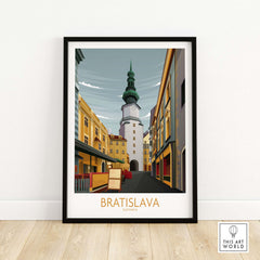 Bratislava art print featuring a minimalist design of the iconic city tower and vibrant street views.