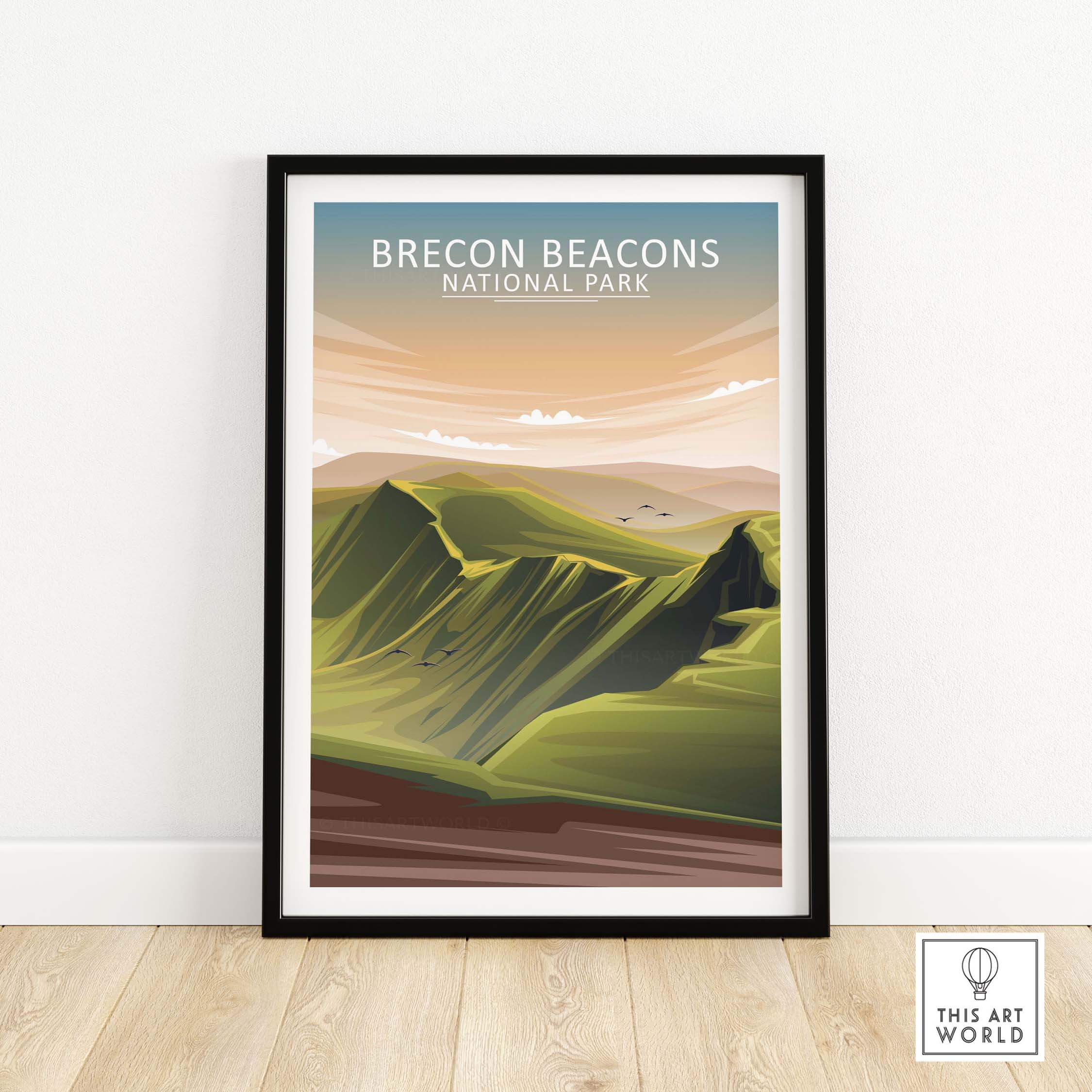 Brecon Beacons National Park poster in minimalist style, framed artwork highlighting scenic mountains and nature.
