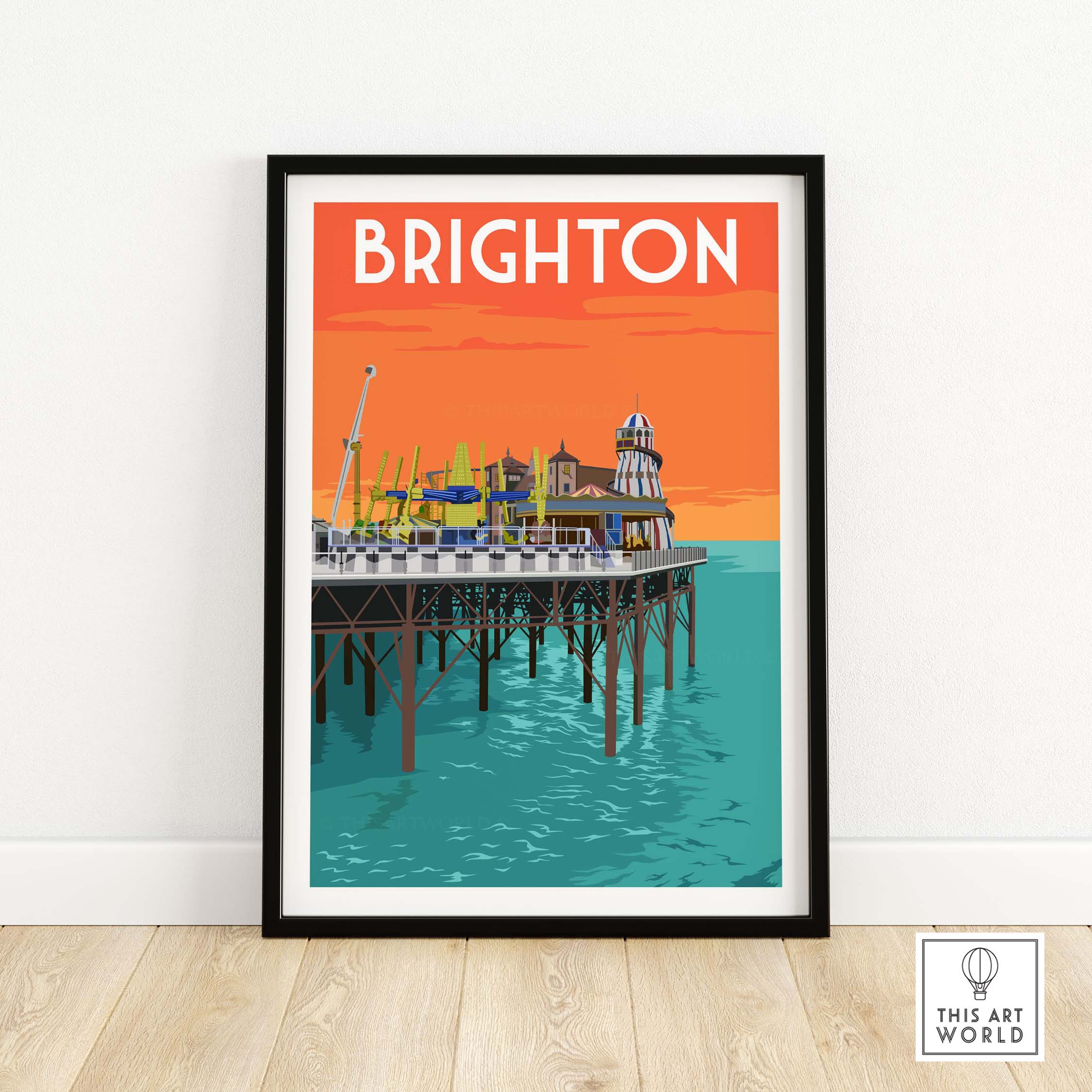 Brighton vintage travel poster art print featuring Brighton Pier over turquoise waters, framed for stylish decor.