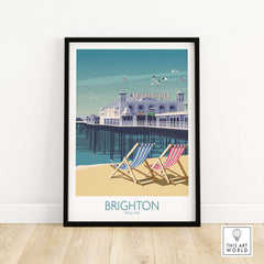 Framed Brighton Print showcasing Brighton Pier and deck chairs, perfect for adding a nostalgic travel vibe to any space.