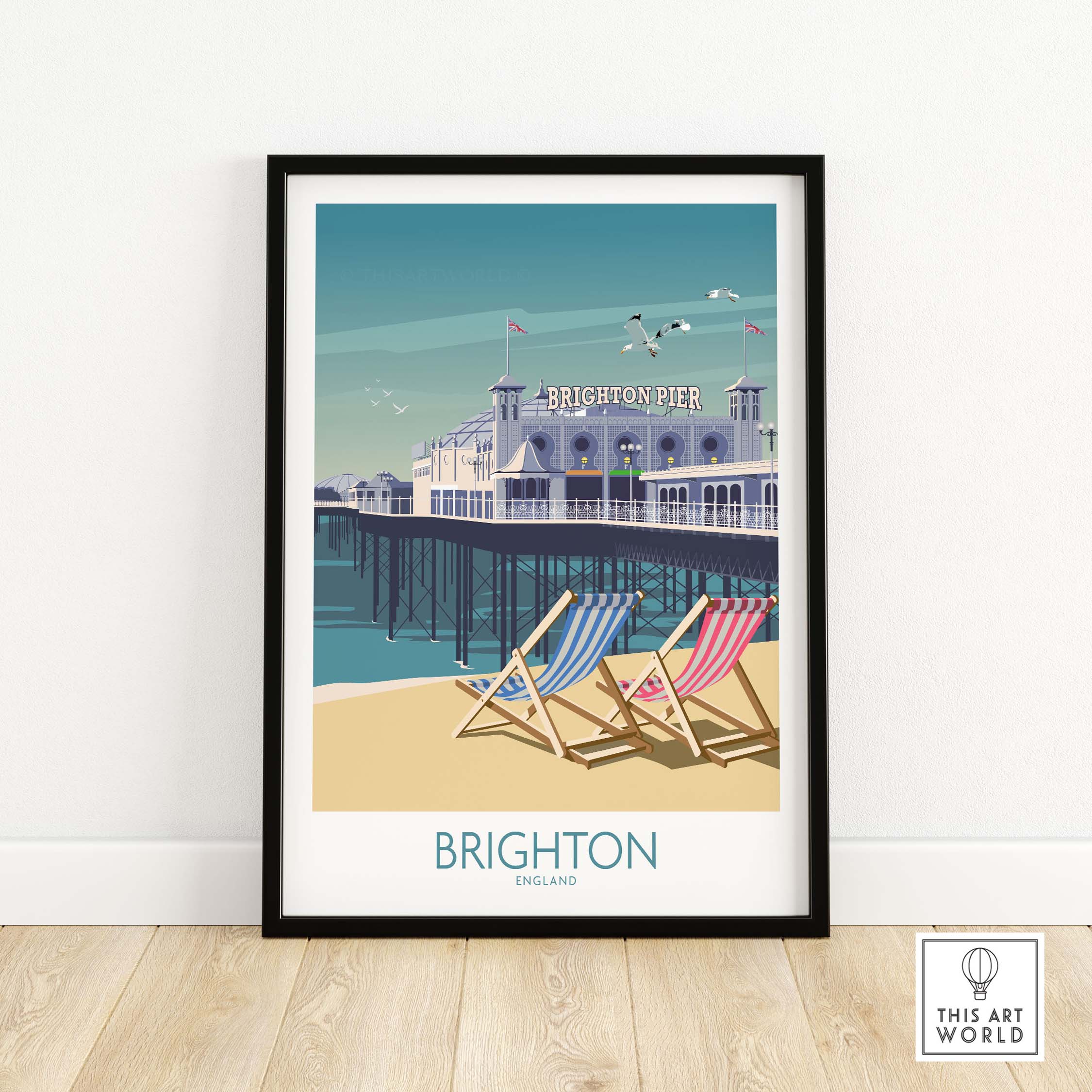 Framed Brighton Print showcasing Brighton Pier and deck chairs, perfect for adding a nostalgic travel vibe to any space.