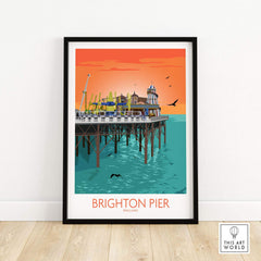 Brighton Pier poster featuring vibrant colors and a nostalgic vintage design, framed for stylish coastal wall art.