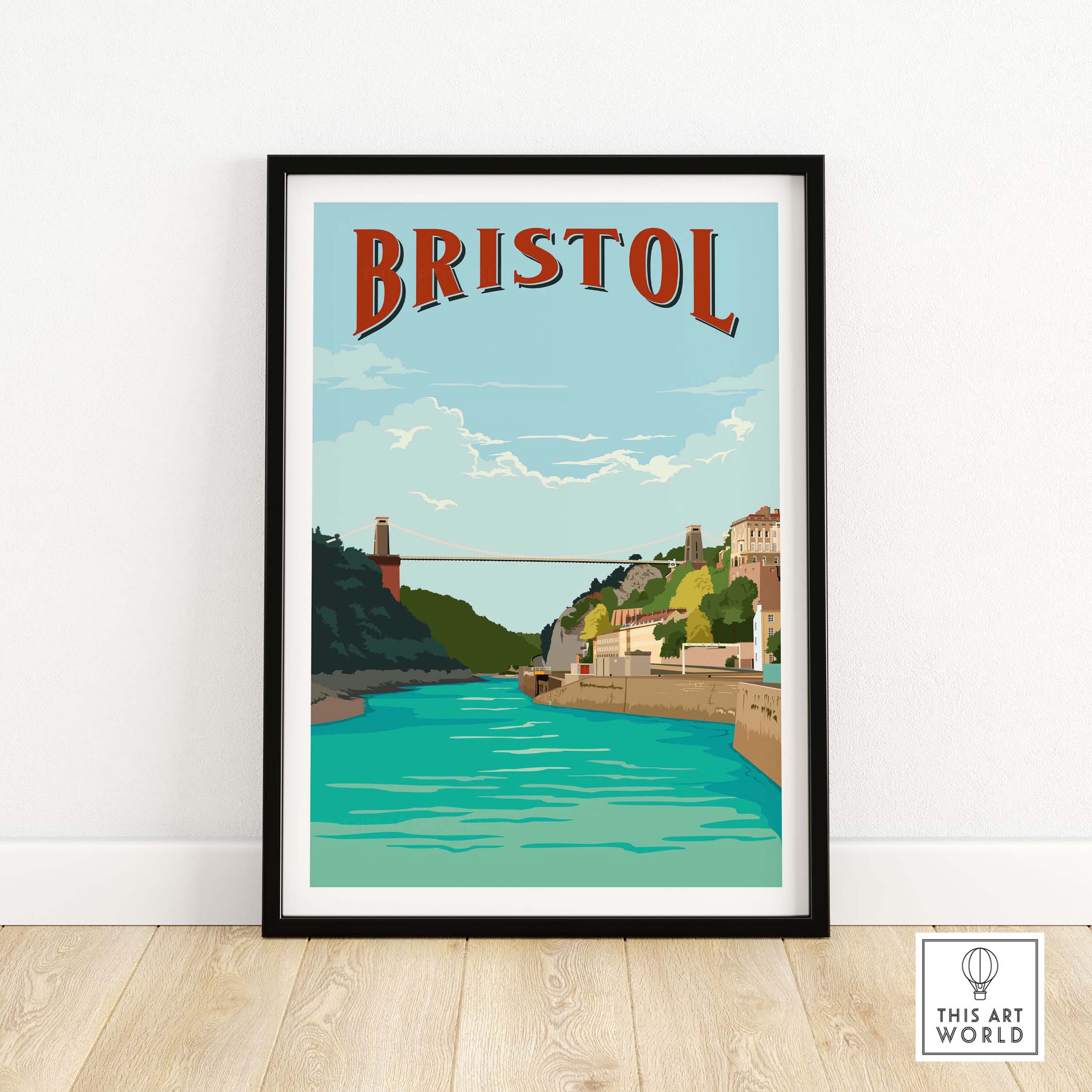 Bristol Print Poster Wall Art featuring Clifton Suspension Bridge and scenic river view, vintage travel style.