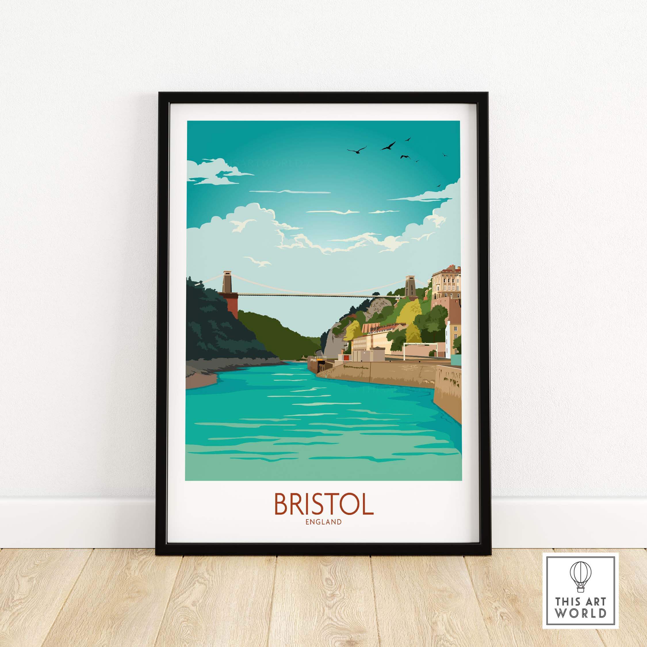 Bristol travel poster featuring Clifton Suspension Bridge and scenic river view, framed wall art for home decor.