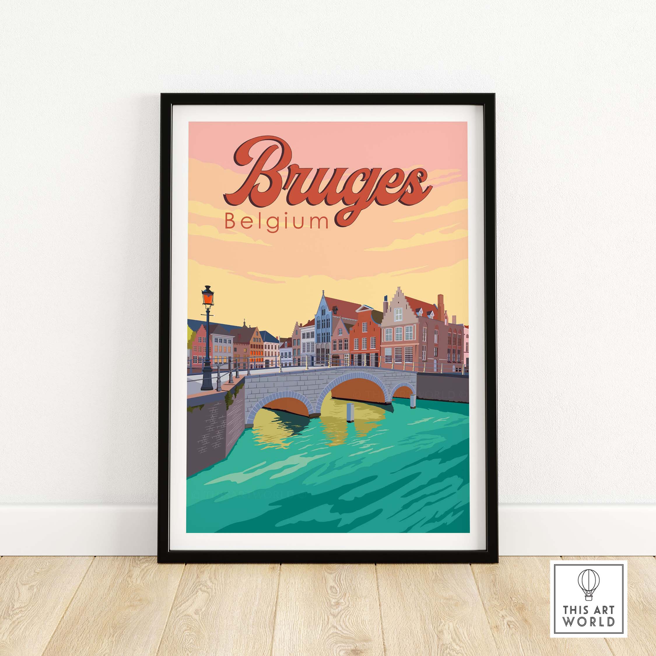 Vintage Bruges print poster wall art featuring the Augustijnenbrug and colorful buildings in Belgium.
