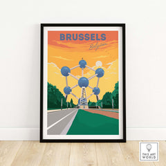 Brussels Print Belgium Travel Poster featuring the Atomium with vibrant colors and vintage design, ideal for home decor.