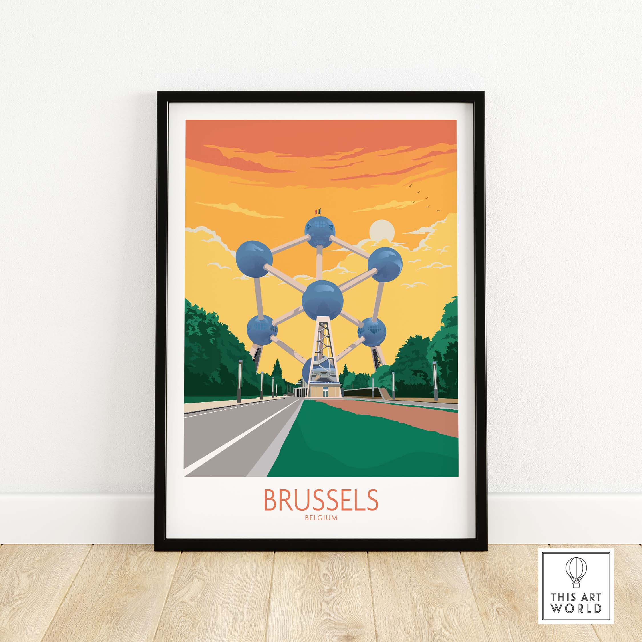 Brussels Poster featuring the iconic Atomium in Belgium, vibrant sunset colors, framed wall art for travel enthusiasts.