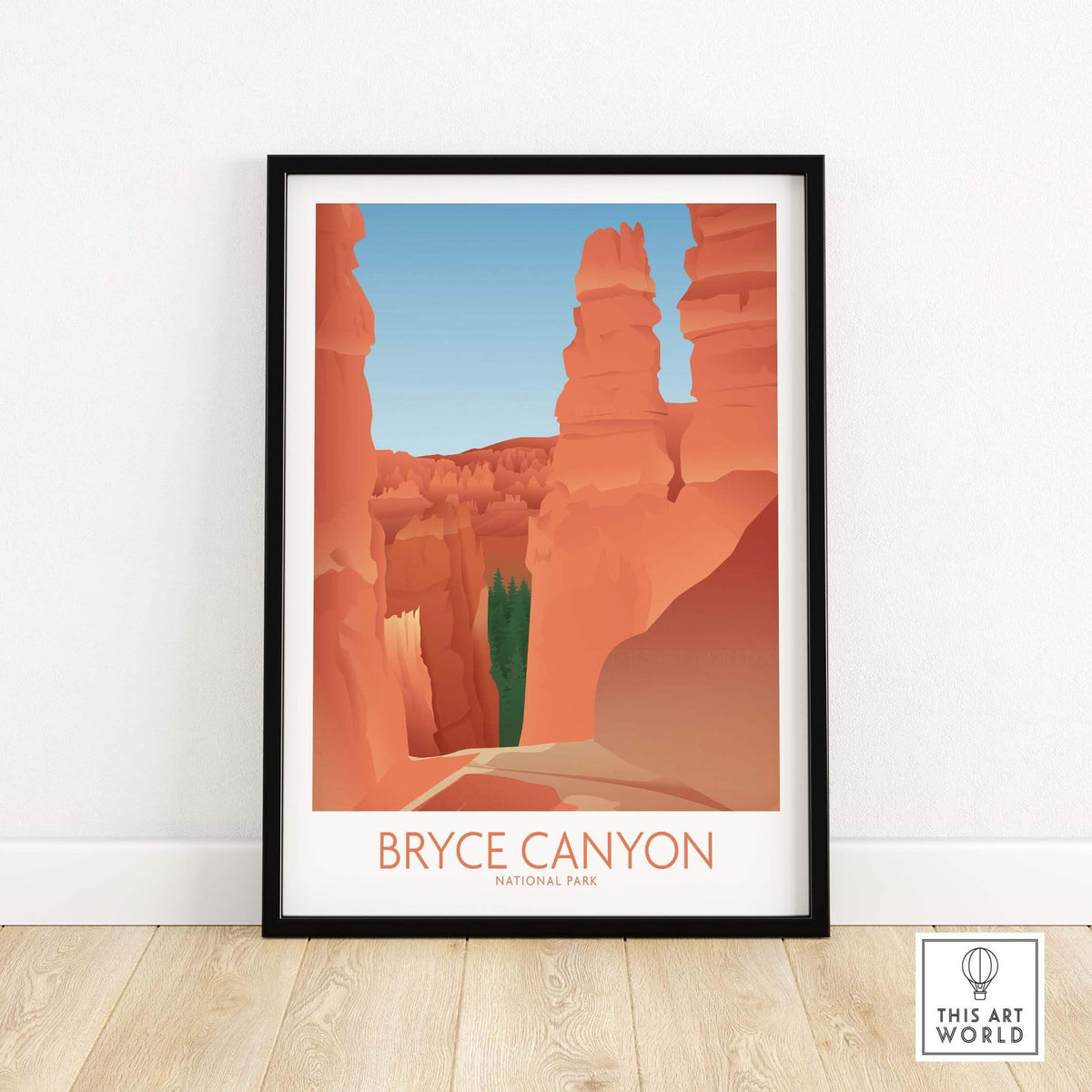 Bryce Canyon National Park art print featuring minimalist design in vibrant orange and blue tones, framed for stylish decor.