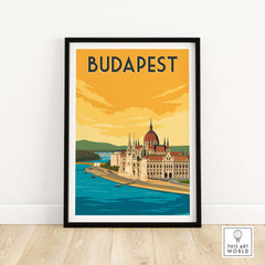 Vintage Budapest print poster featuring the iconic Parliament building by the Danube River, perfect for wall art.