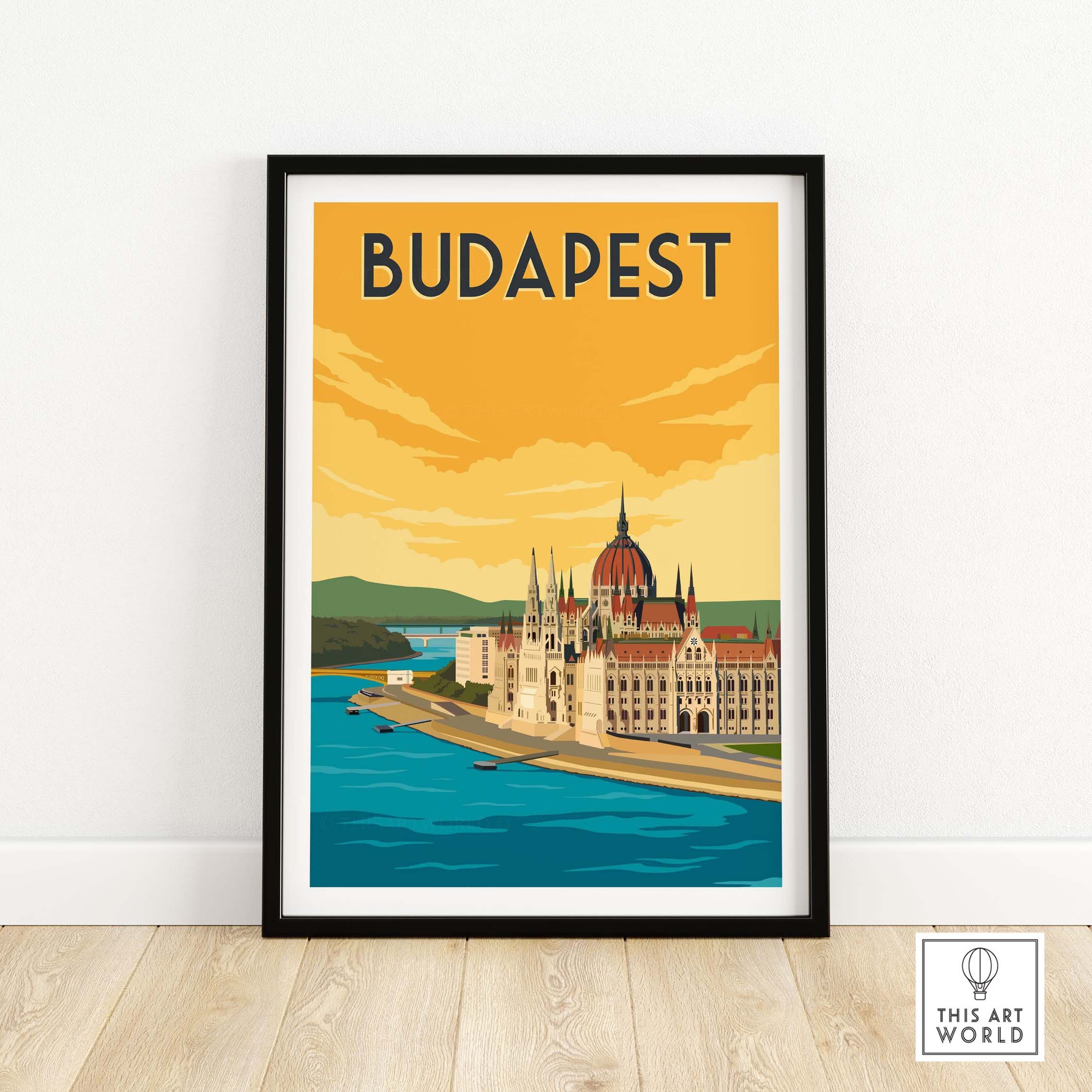 Vintage Budapest print poster featuring the iconic Parliament building by the Danube River, perfect for wall art.
