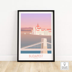 Stylish Budapest print featuring Chain Bridge and Hungarian Parliament, perfect for home or office decor.