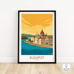 Stylish Budapest poster featuring the Hungarian Parliament building in vibrant colors, perfect for travel enthusiasts.