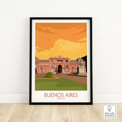 Buenos Aires vintage travel poster featuring a vibrant orange sky and iconic architecture.