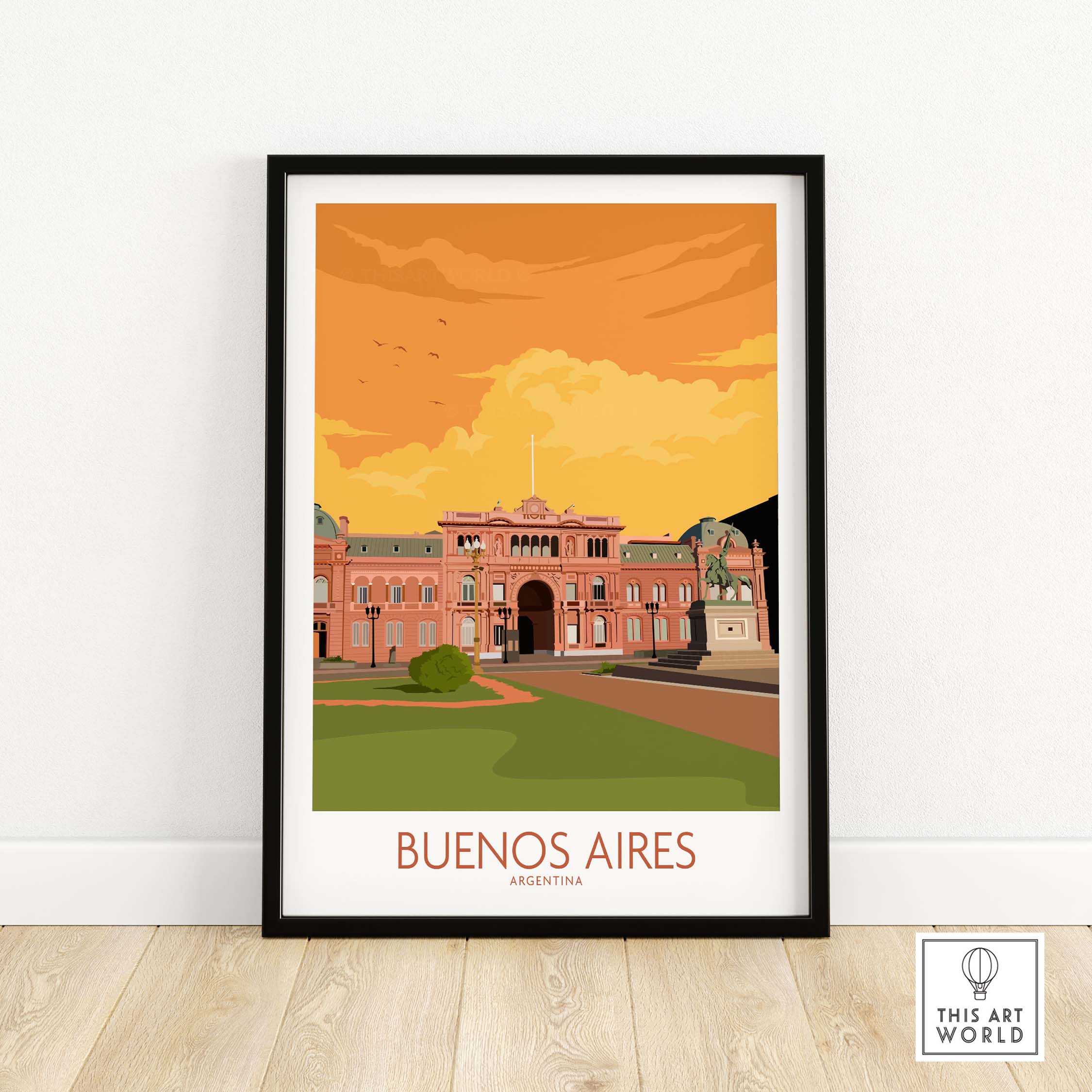 Buenos Aires vintage travel poster featuring a vibrant orange sky and iconic architecture.