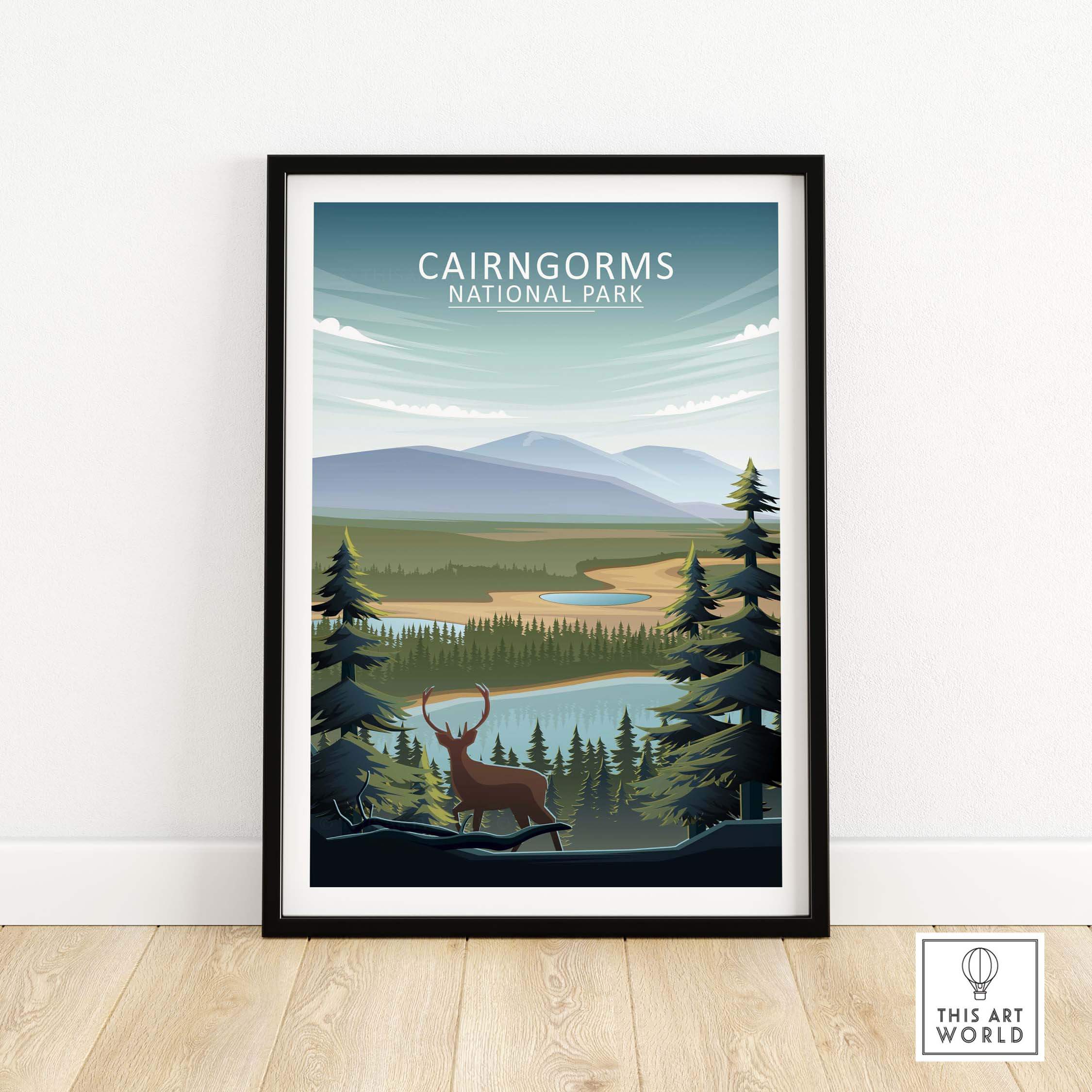 Cairngorms National Park poster featuring a stag with mountains and trees, framed wall art for nature lovers.