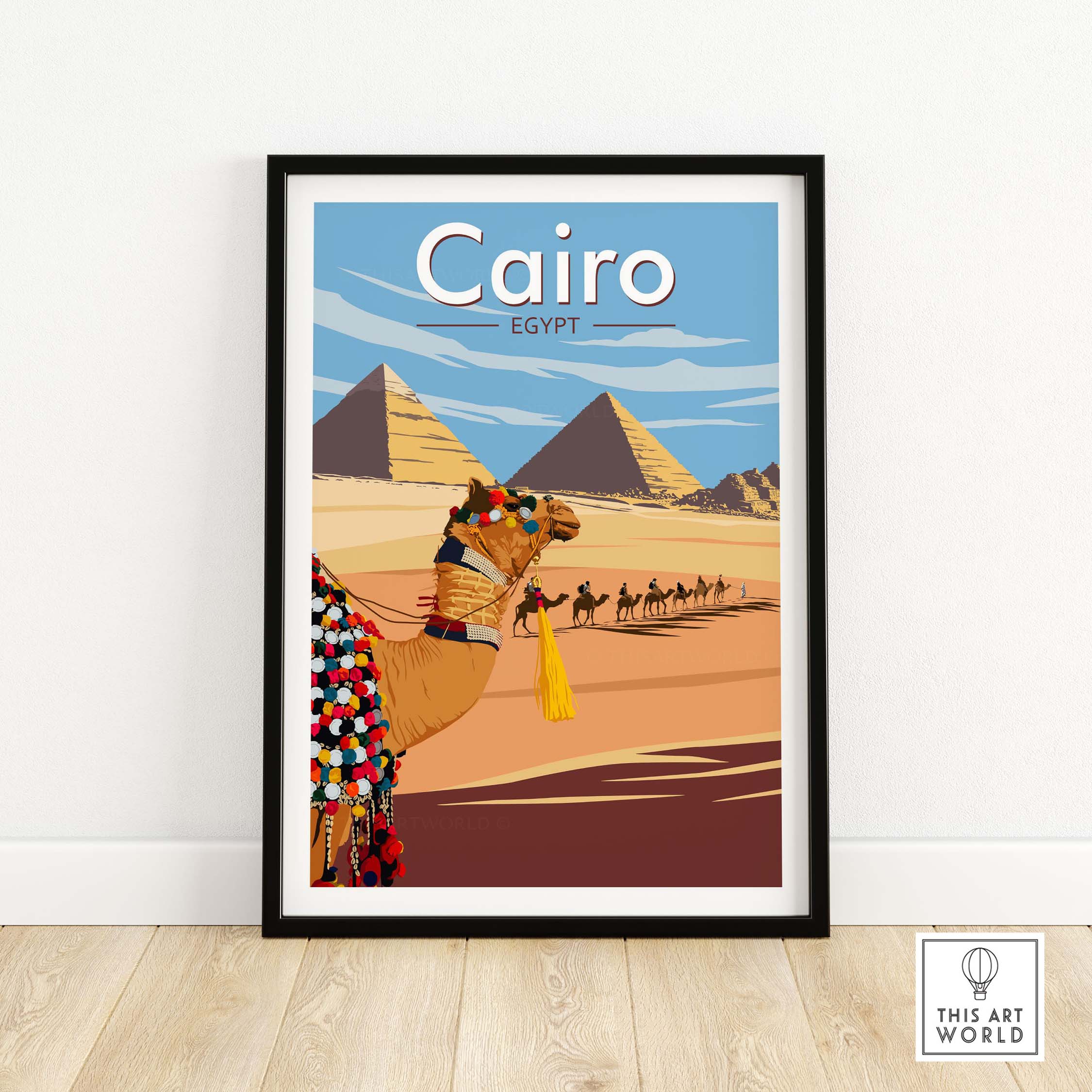 Cairo Wall Art Print featuring a camel and pyramids, inspired by vintage travel posters, perfect for homes or offices.