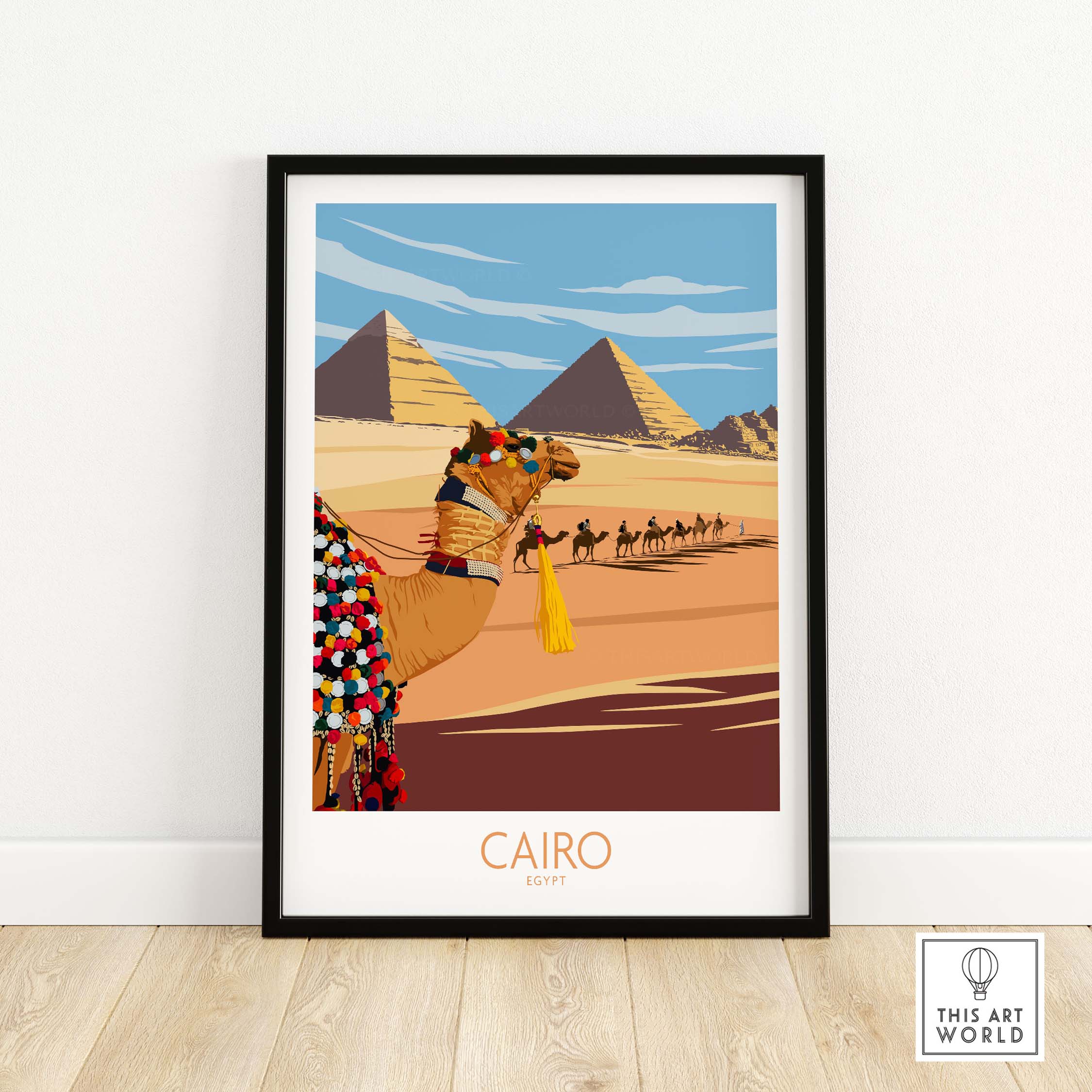 Cairo Egypt poster featuring a camel and pyramids, inspired by vintage travel art in minimalist style.
