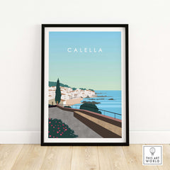 Calella Spain print poster featuring a scenic coastal view, ideal for travel enthusiasts and stylish wall decor.