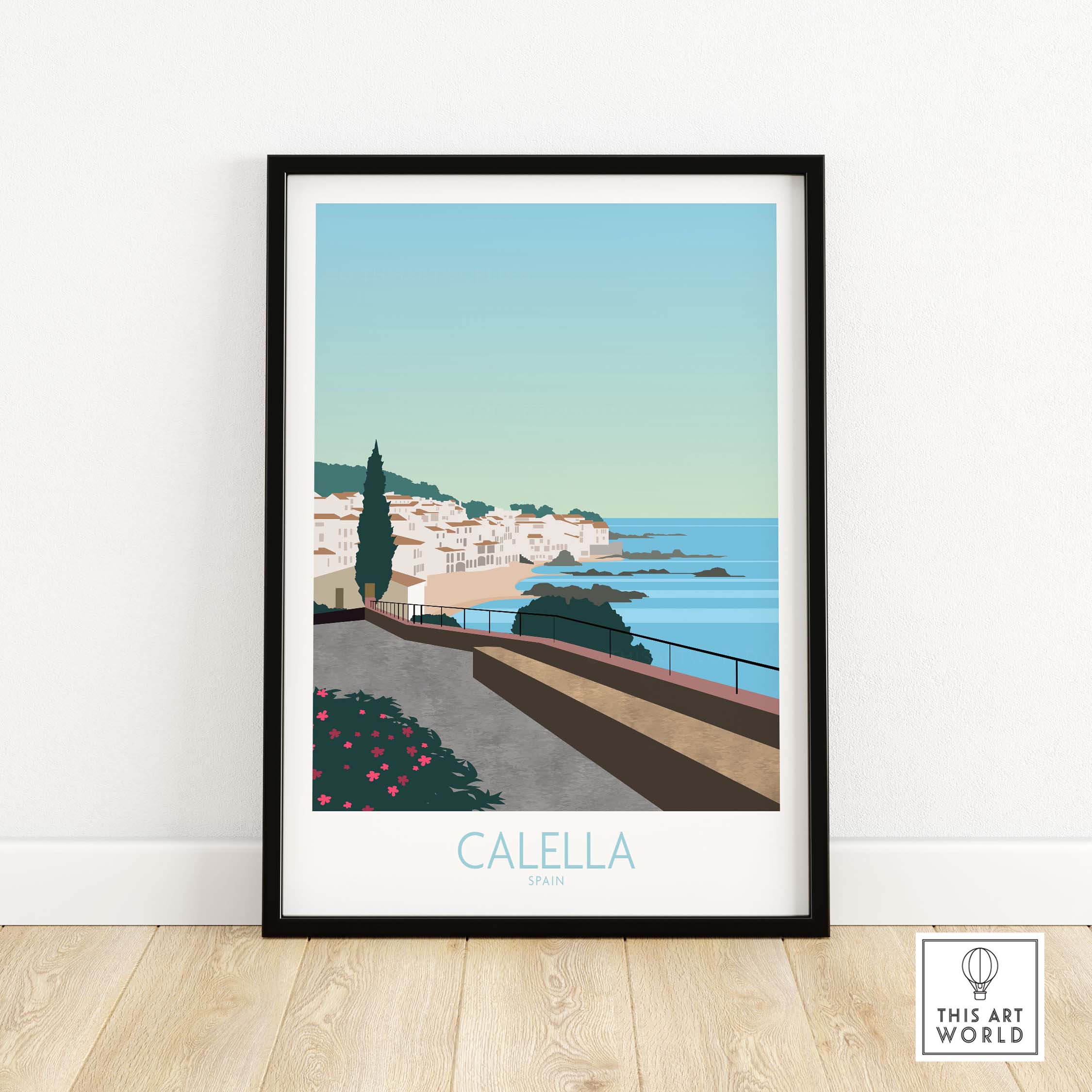 Costa Brava Calella Spain travel poster showcasing coastal views and vibrant colors, perfect for home decor.