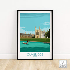 Framed Cambridge print featuring King's College and vintage style travel art.